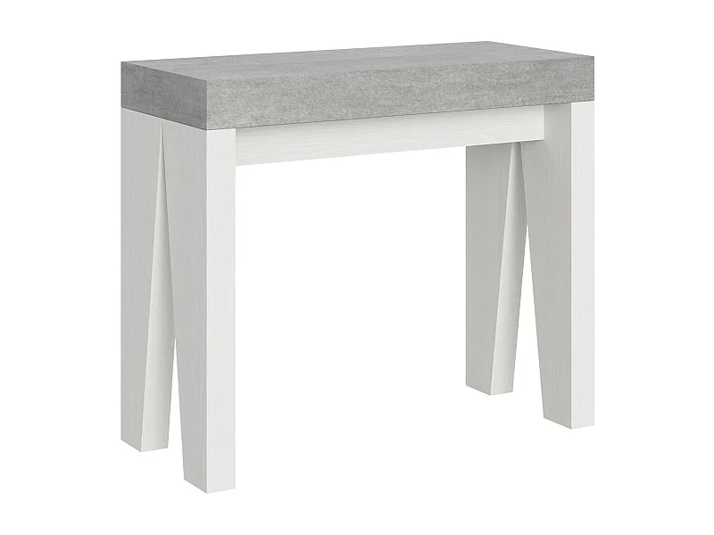 Console extensible gris béton pieds bois blanc 12 personnes 40 à 300cm Naxo-2 pieds