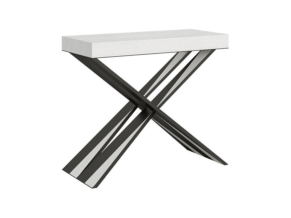 Console extensible bois pieds croisés anthracite Diago-Couleur Blanc-4 pieds-5 rallonges épaisses
