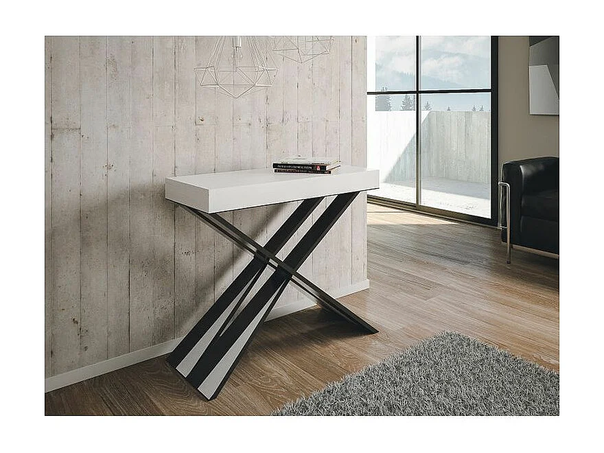 Console extensible bois pieds croisés anthracite Diago-Couleur Blanc-4 pieds-5 rallonges épaisses