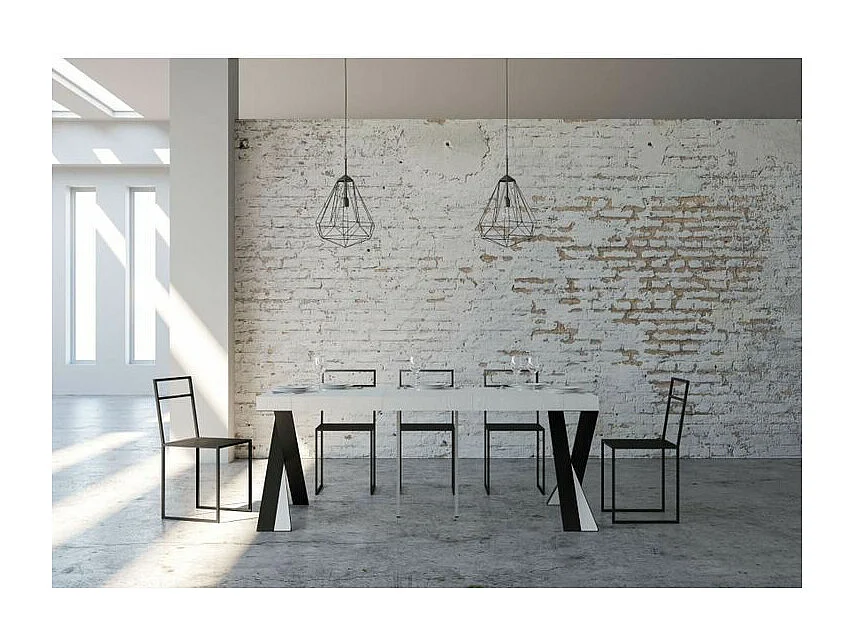 Diago uitschuifbare console design in hout en gekruiste antraciet stalen poten 90x40/196 of 90x40/300 cm-Kleur Wit-Steun 2 voet-Verlengsnoeren 3 dikke extensies