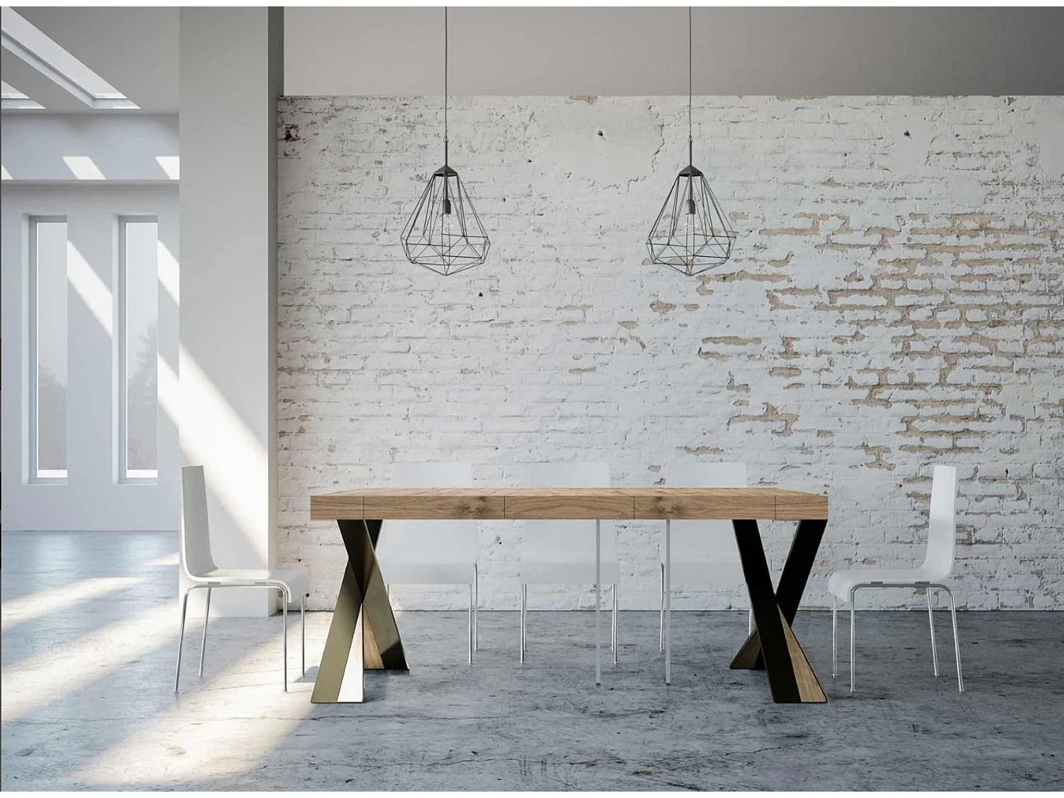 Diago uitschuifbare console design in hout en gekruiste antraciet stalen poten 90x40/196 of 90x40/300 cm-Kleur Wit-Steun 2 voet-Verlengsnoeren 3 dikke extensies