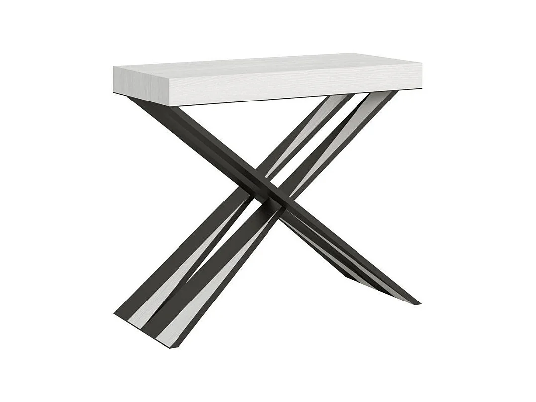Console extensible bois pieds croisés anthracite Diago-Couleur Blanc-2 pieds-3 rallonges épaisses