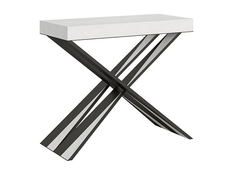 Console extensible bois pieds croisés anthracite Diago-Couleur Blanc-2 pieds-3 rallonges épaisses