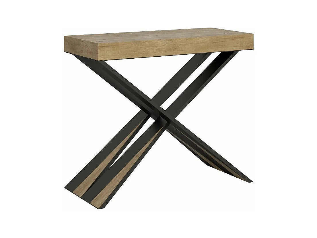 Consola extensible de diseño Diago en madera y patas cruzadas de acero antracita 90x40/196 o 90x40/300 cm-Color Gris cemento-Soporte 2 pies-5 alargaderas gruesas