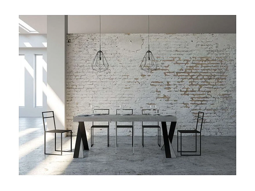 Consola extensible de diseño Diago en madera y patas cruzadas de acero antracita 90x40/196 o 90x40/300 cm-Color Gris cemento-Soporte 4 pies-5 alargaderas gruesas