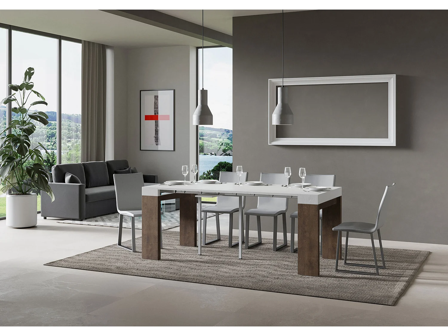 Console extensible blanche et bois noyer 40 à 300cm Ribo-4 pieds