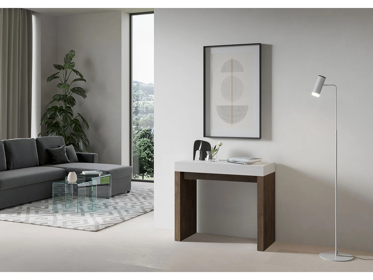 Console extensible blanche et bois noyer 40 à 300cm Ribo-4 pieds