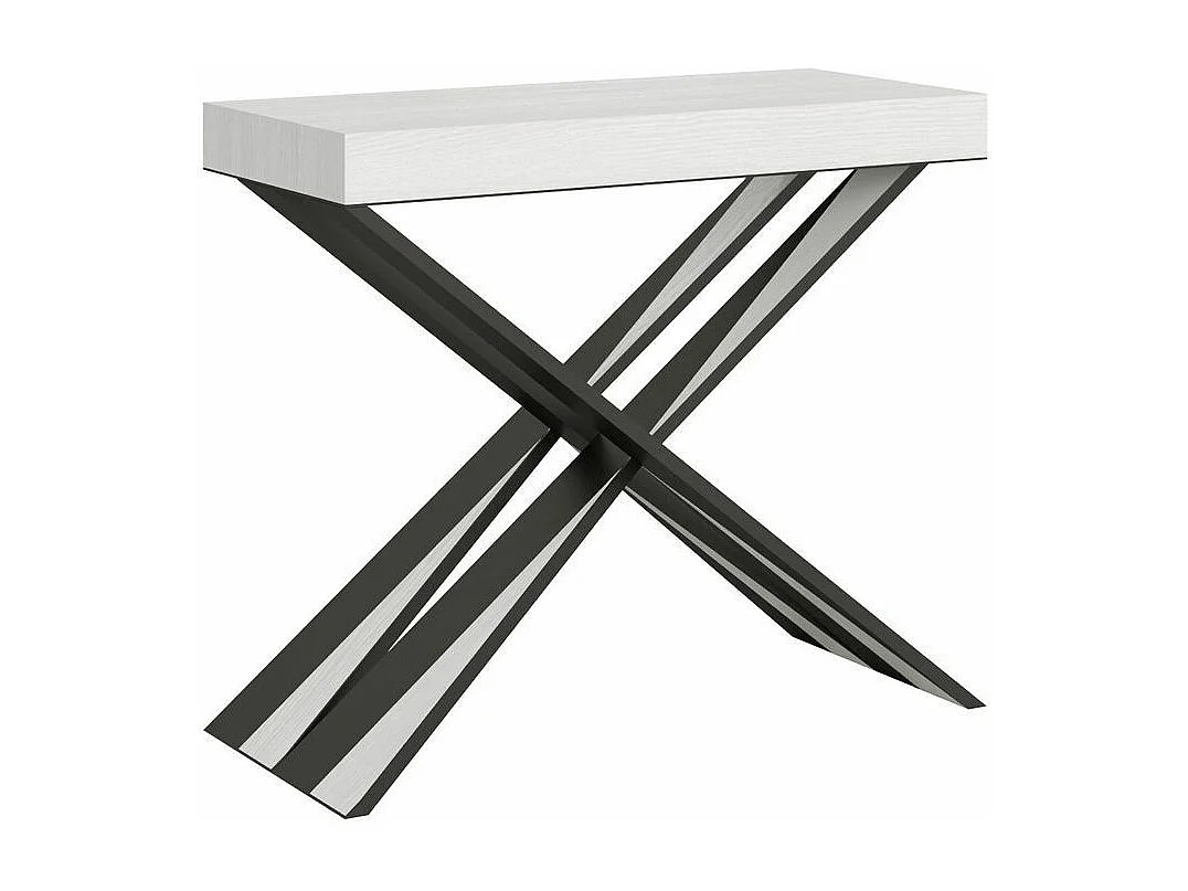 Diago uitschuifbare console design in hout en gekruiste antraciet stalen poten 90x40/196 of 90x40/300 cm-Kleur Wit-Steun 4 voet-Verlengsnoeren 3 dikke extensies