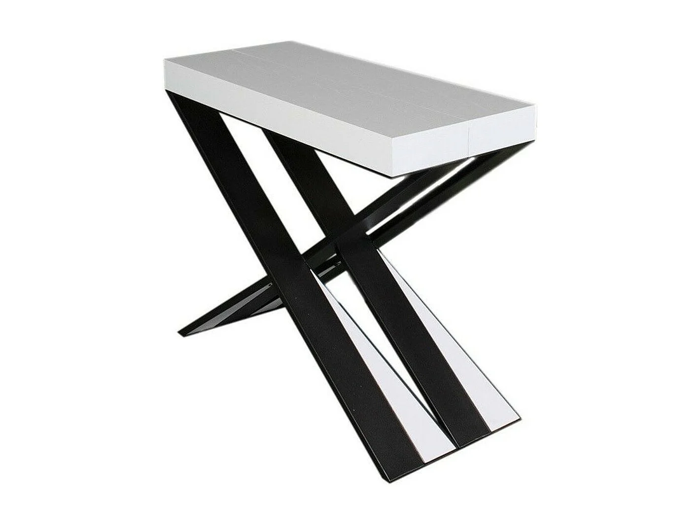 Diago uitschuifbare console design in hout en gekruiste antraciet stalen poten 90x40/196 of 90x40/300 cm-Kleur Wit-Steun 4 voet-Verlengsnoeren 3 dikke extensies