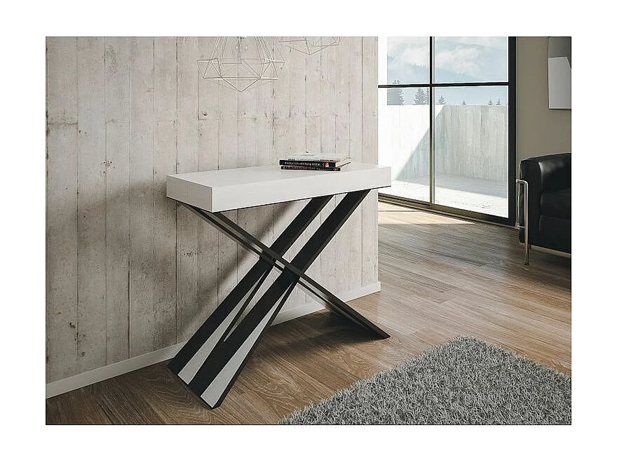 Console extensible bois pieds croisés anthracite Diago-Couleur Blanc-4 pieds-3 rallonges épaisses
