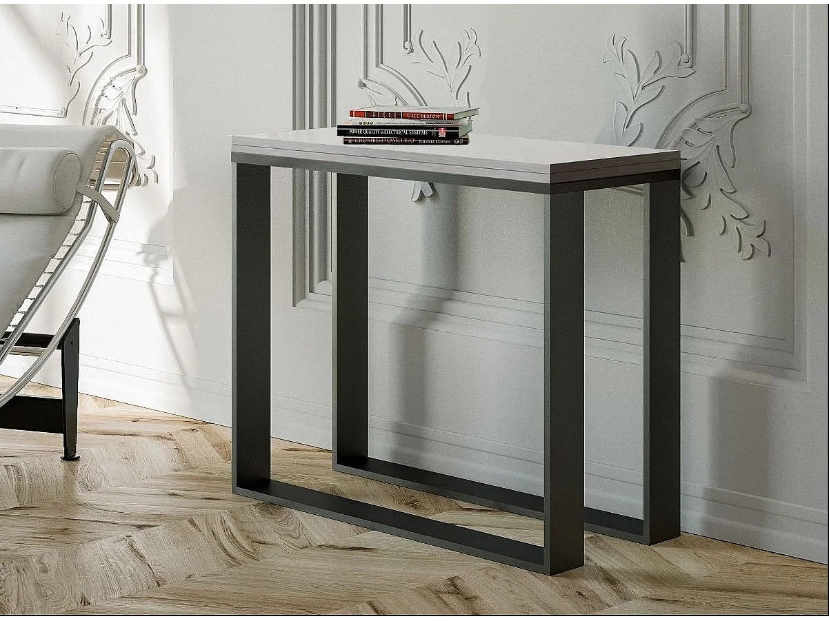 Console extensible bois et 2 pieds acier anthracite Elatra-Couleur Blanc-2 pieds-Rallonges 1 rallonge fine