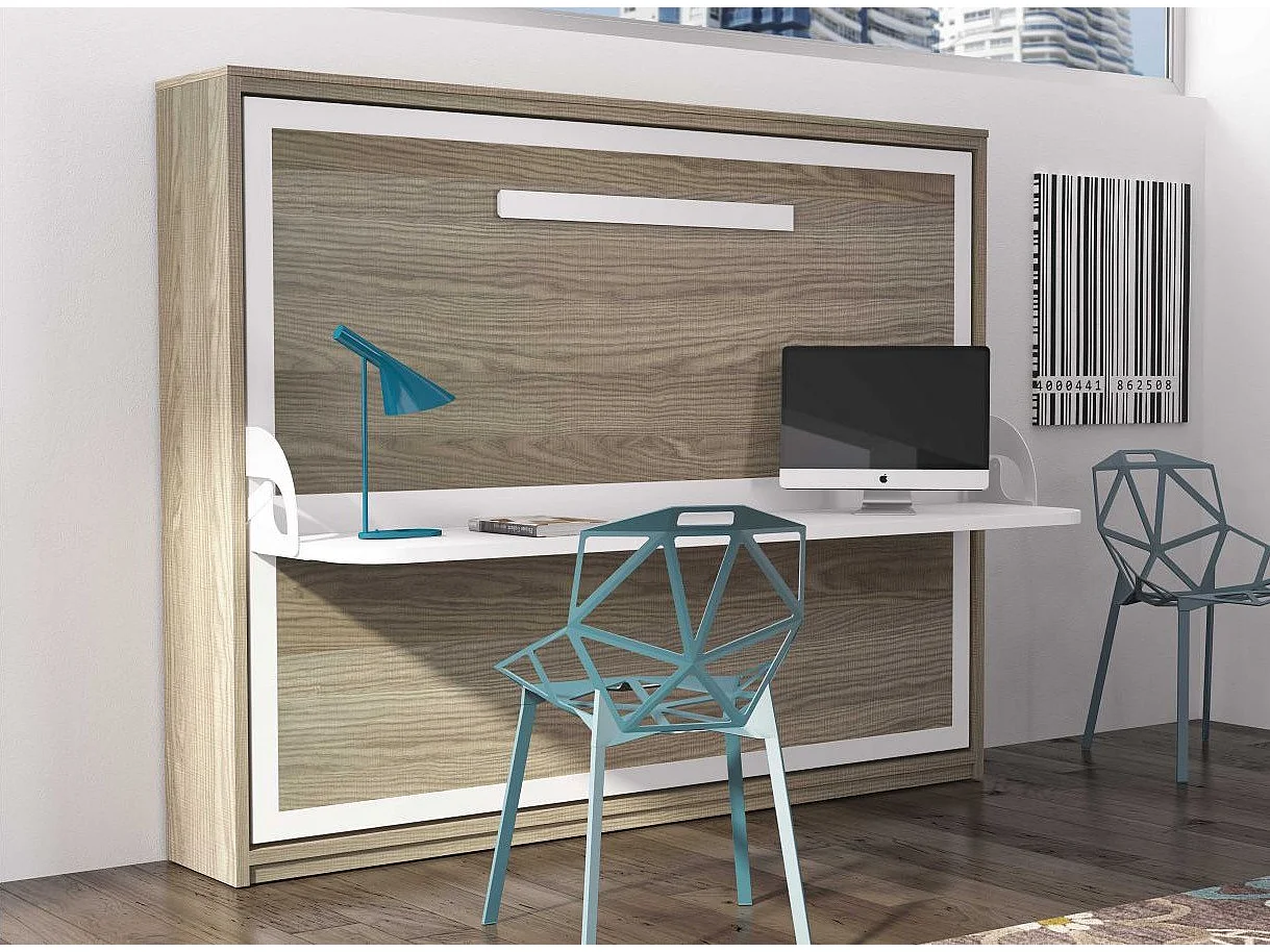 Lit escamotable avec bureau 90x190 chêne clair P 35cm Kinoa-Avec matelas