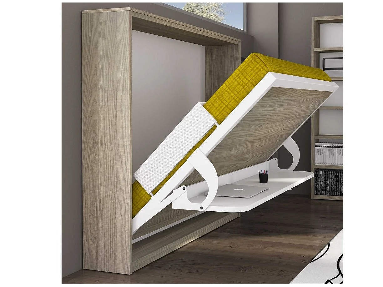 Lit escamotable horizontal avec bureau ANGELINA - Ouverture automatique assistée-Chêne clair-Avec matelas-90x190