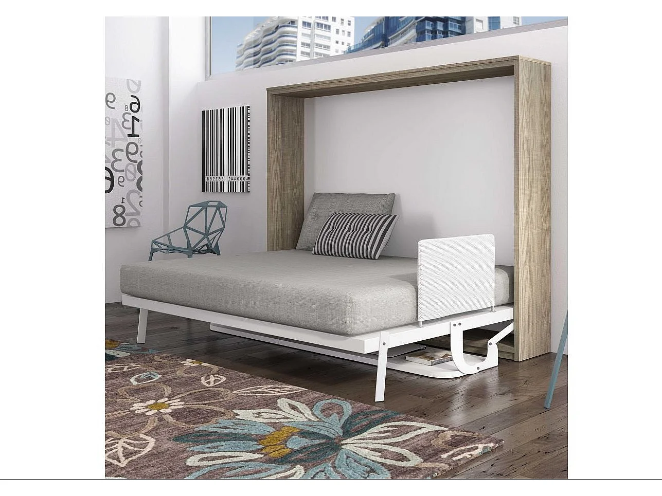 Lit escamotable horizontal avec bureau ANGELINA - Ouverture automatique assistée-Chêne clair-Avec matelas-90x190