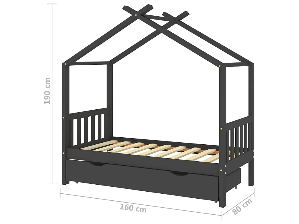 Lit d'enfant avec un tiroir Gris foncé Pin 80x160