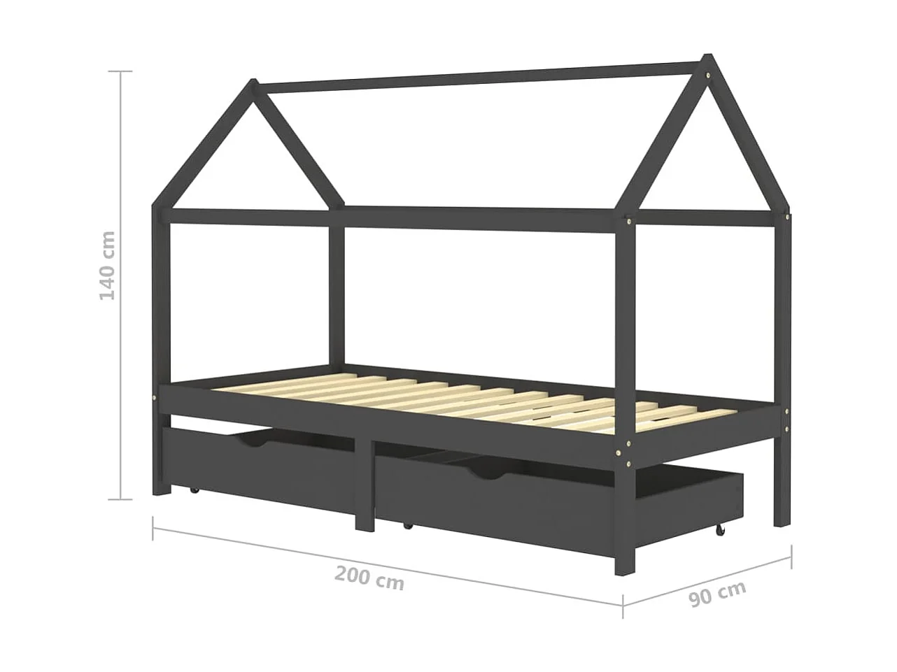 Lit cabane enfant avec tiroirs Gris foncé Pin 90x200