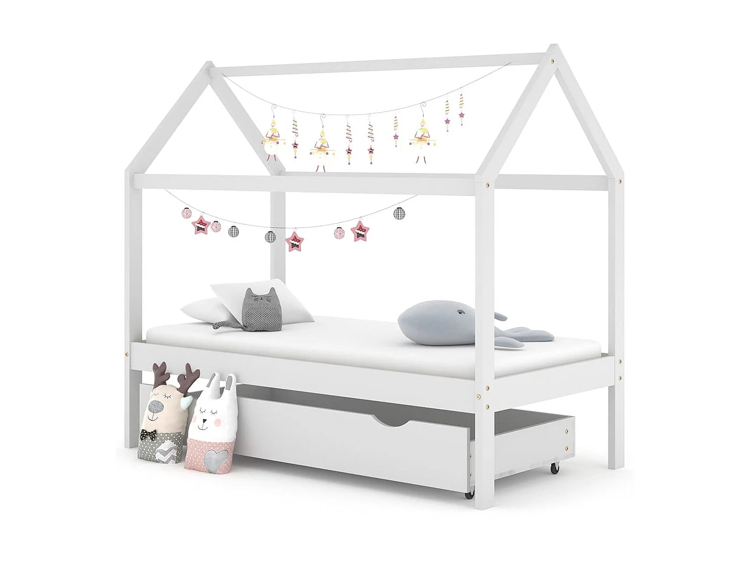 Lit cabane enfant avec un tiroir Blanc Pin massif 80x160
