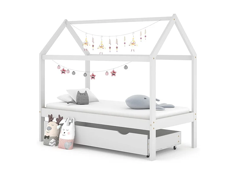 Lit cabane enfant avec un tiroir Blanc Pin massif 80x160