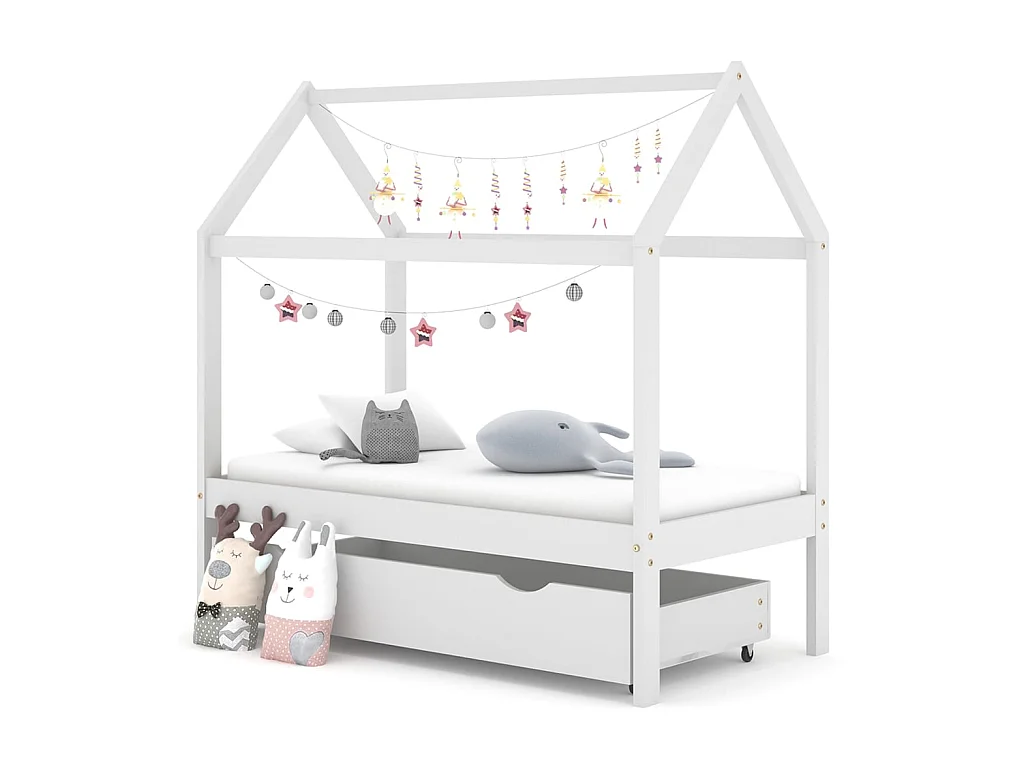 Lit cabane enfant avec un tiroir Blanc Pin massif 70x140