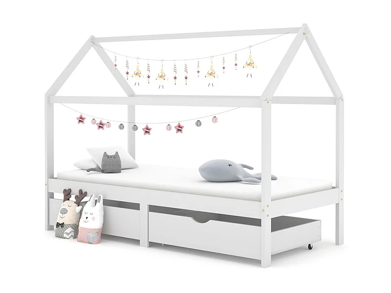 Lit cabane enfant avec tiroirs Blanc Pin massif 90x200