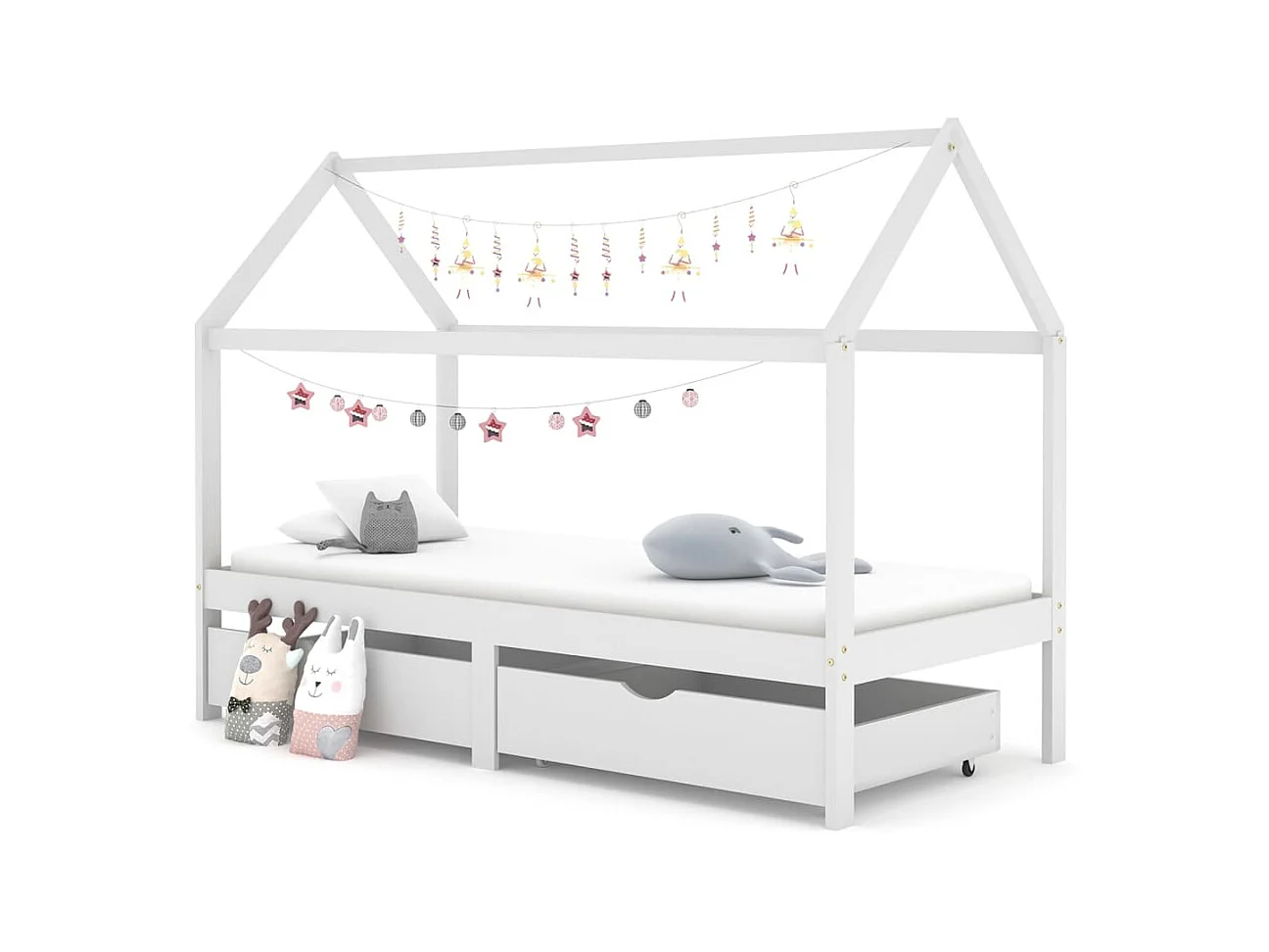 Lit cabane enfant avec tiroirs Blanc Pin massif 90x200