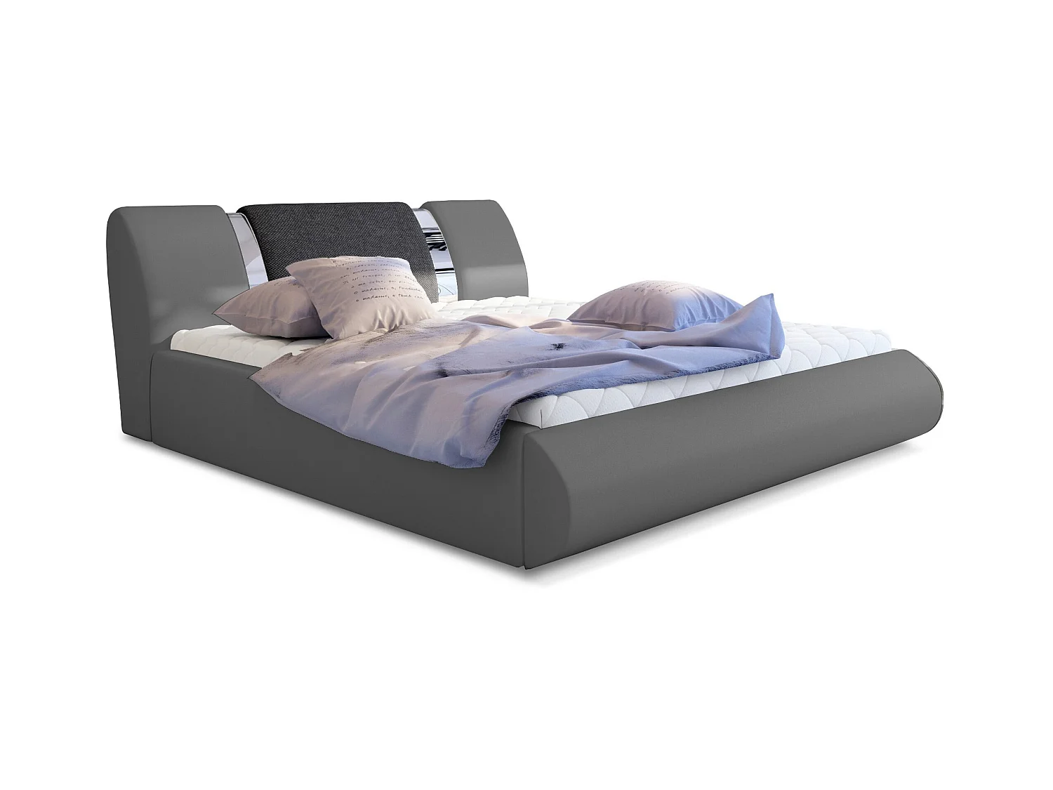 Lit coffre 160x200 simili gris-tissu gris foncé et métal chromé Flavien