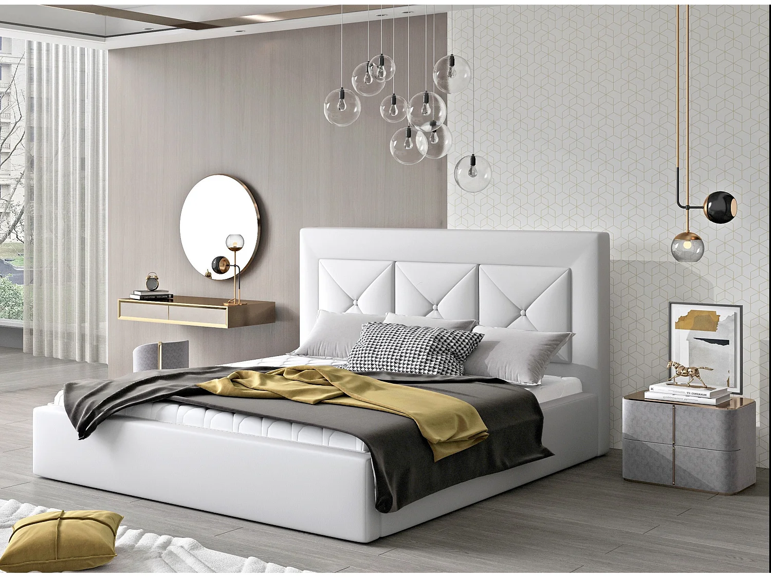 Tweepersoonsbed bekleed met Clarin-imitatieleer-Kleur Wit-Slapen 160x200cm-Versie opslagruimte