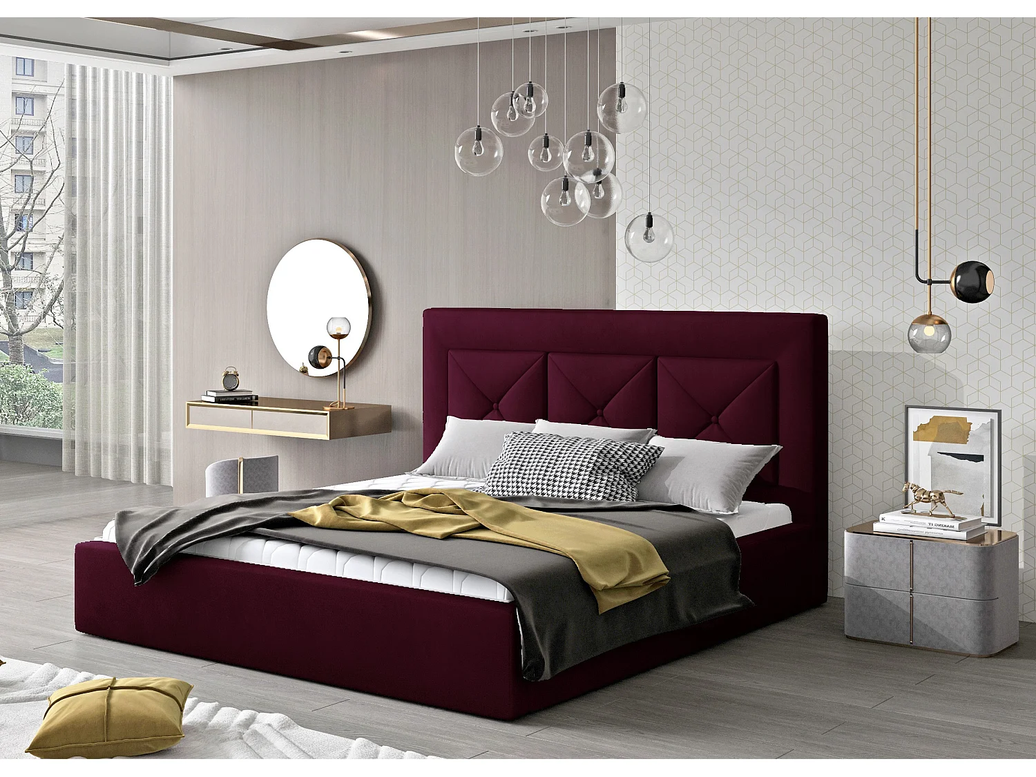 Lit double rembourré en velours Clarin-Couleur Magenta foncé-160x200-Version coffre de rangement