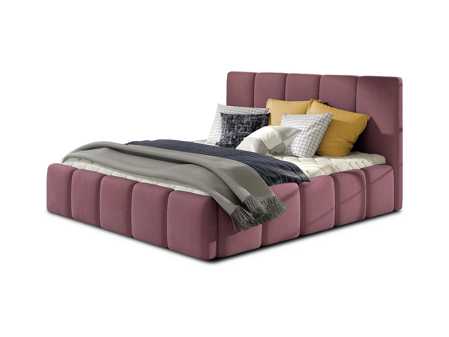 Lit adulte avec coffre de rangement Vika – Velours capitonné-Rose-160x200