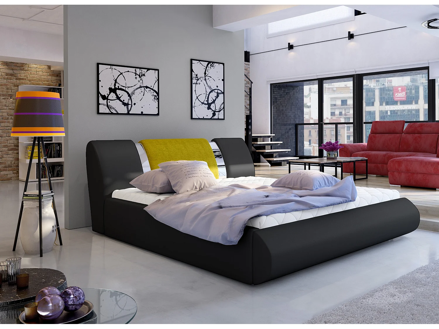 Lit coffre 160x200 simili noir-tissu jaune et métal chromé Flavien