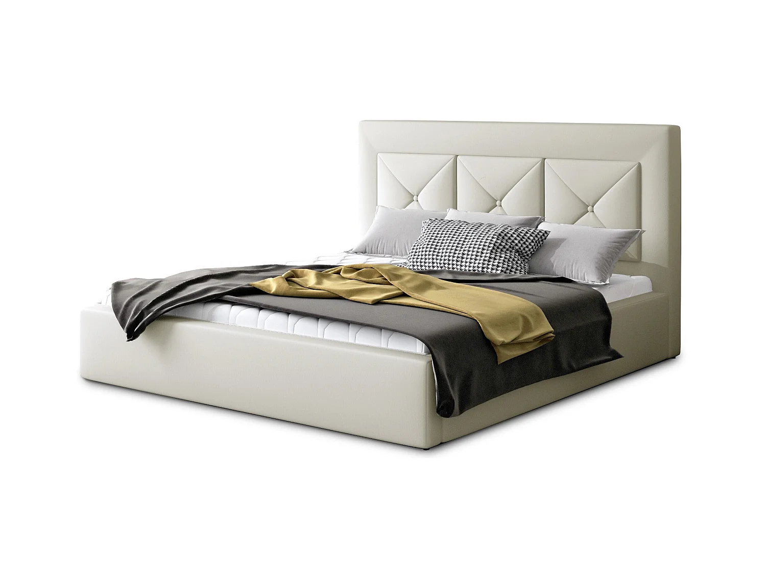 Lit double rembourré en simili cuir Clarin-Couleur Crème-200x200-Version coffre de rangement