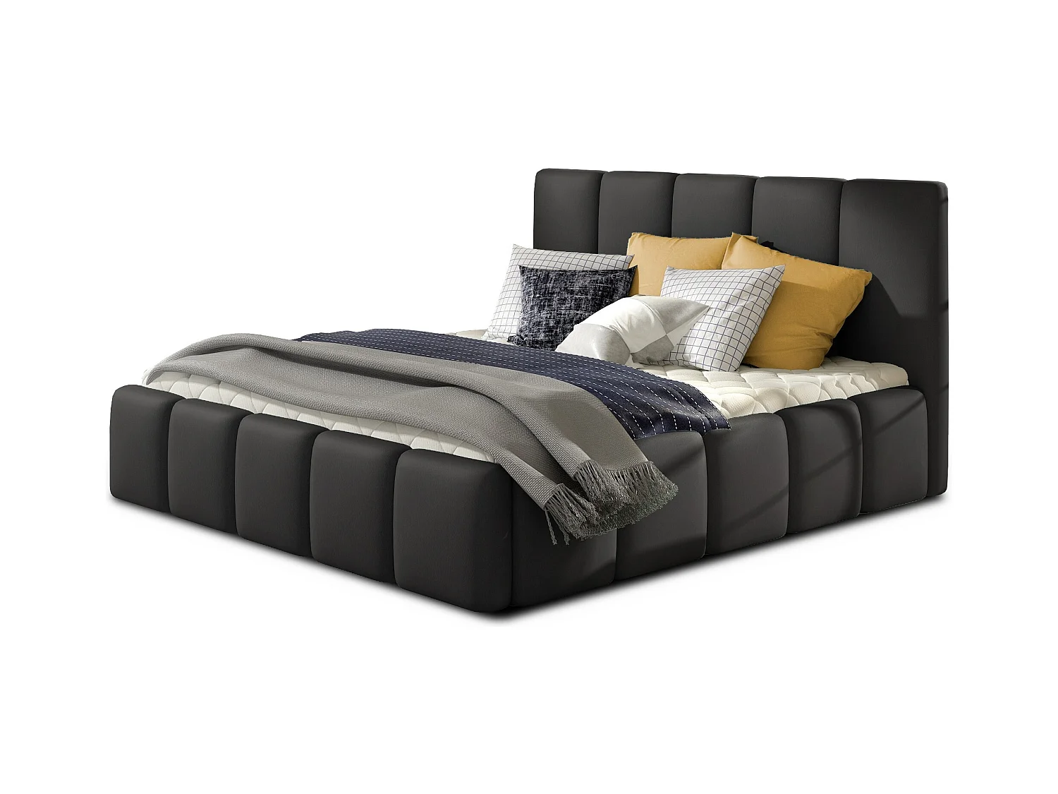 Lit adulte avec coffre de rangement Vika – Simili cuir capitonné-Noir-140x200