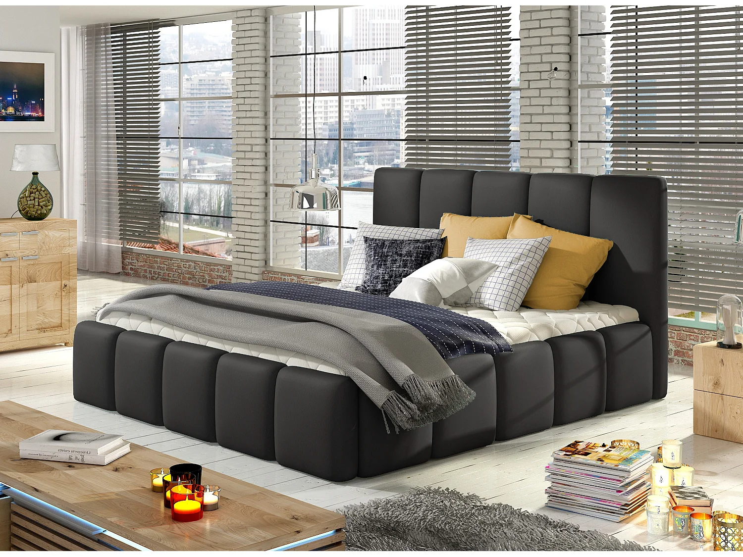 Lit adulte avec coffre de rangement Vika – Simili cuir capitonné-Noir-140x200