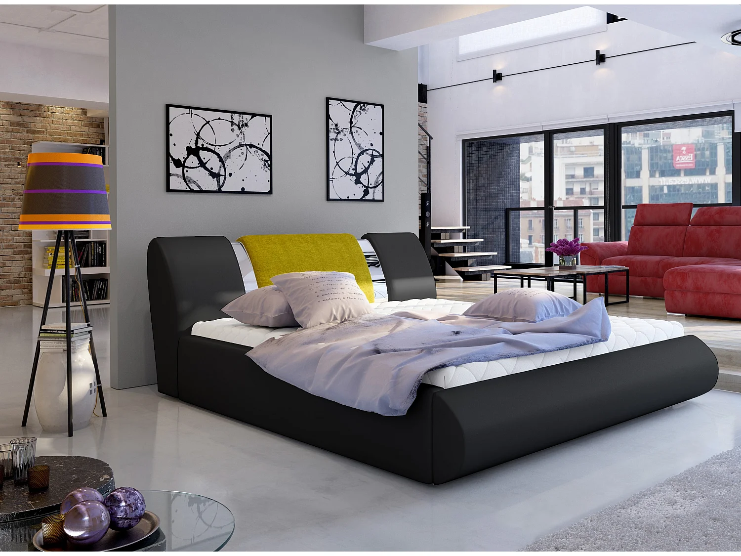 Lit coffre 180x200 simili noir-tissu jaune et métal chromé Flavien