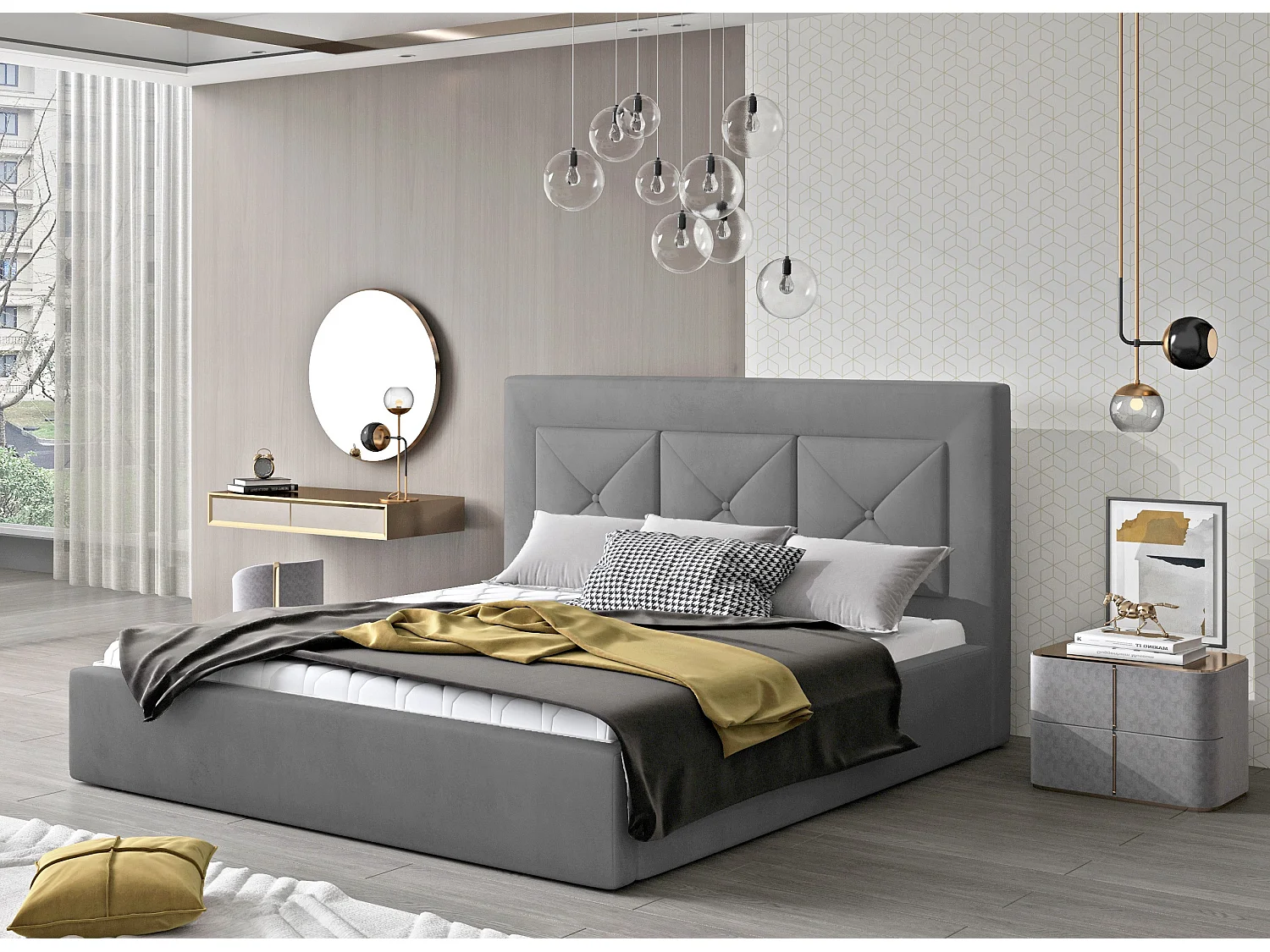 Lit double rembourré en velours Clarin-Couleur Gris-160x200-Version coffre de rangement