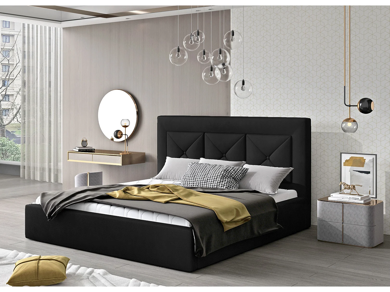 Lit double rembourré en velours Clarin-Couleur Noir-180x200-Version coffre de rangement