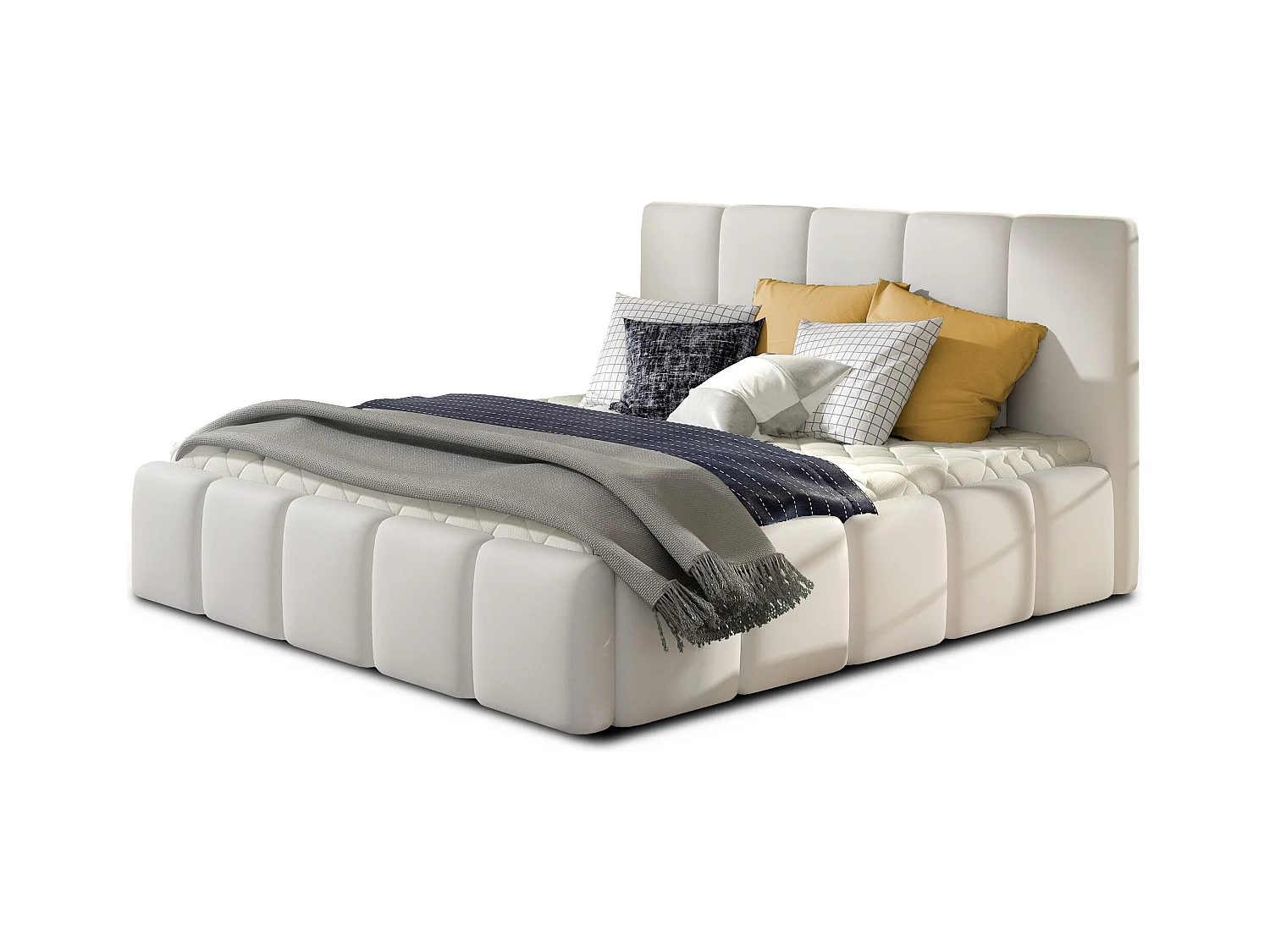 Lit adulte avec coffre de rangement Vika – Simili cuir capitonné-Blanc-160x200