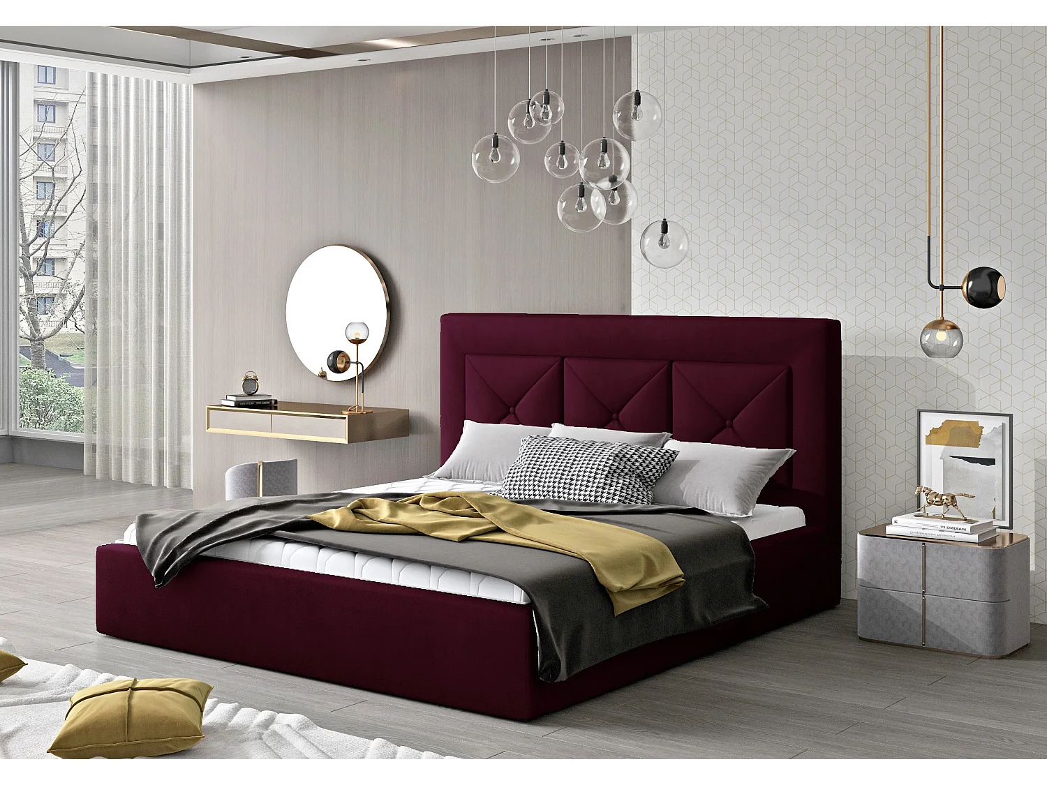 Lit double rembourré en velours Clarin-Couleur Magenta foncé-200x200-Version coffre de rangement