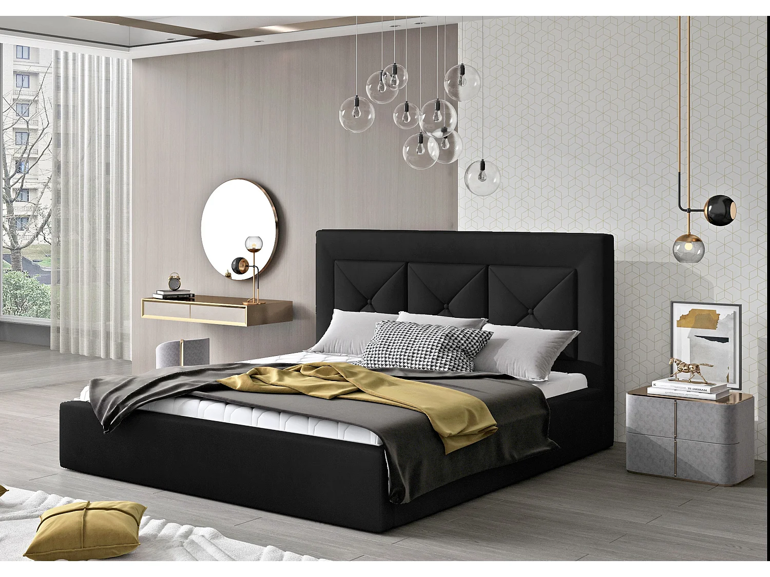 Lit double rembourré en velours Clarin-Couleur Noir-140x200-Version coffre de rangement