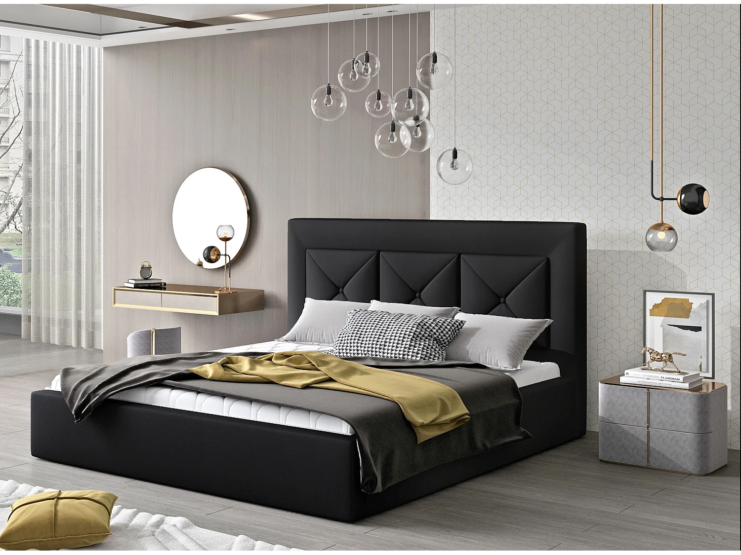 Lit double rembourré en simili cuir Clarin-Couleur Noir-140x200-Version coffre de rangement