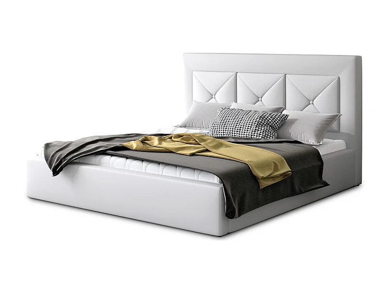 Lit double rembourré en simili cuir Clarin-Couleur Blanc-200x200-Version coffre de rangement