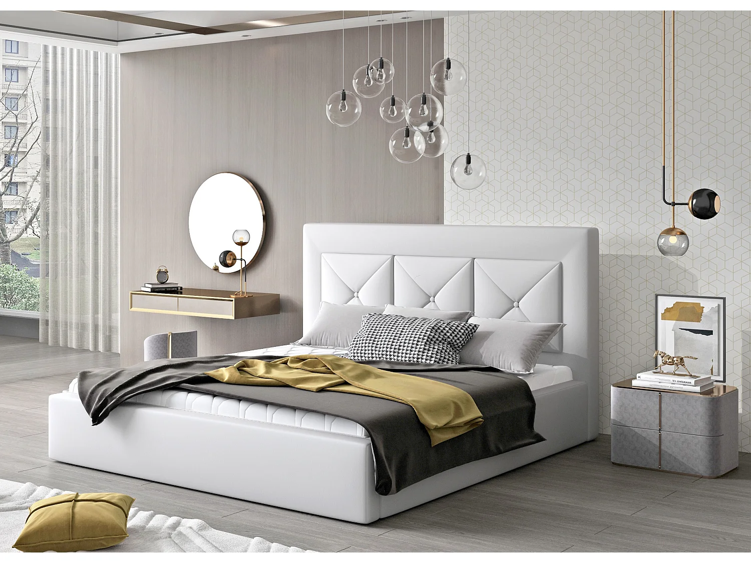 Lit double rembourré en simili cuir Clarin-Couleur Blanc-200x200-Version coffre de rangement