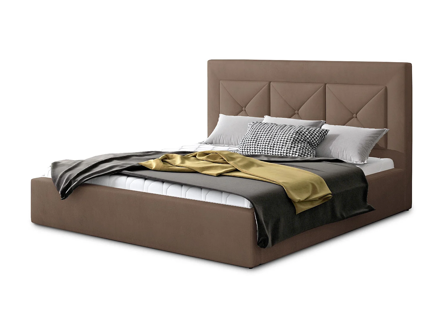 Lit double rembourré en velours Clarin-Couleur Marron clair-200x200-Version coffre de rangement