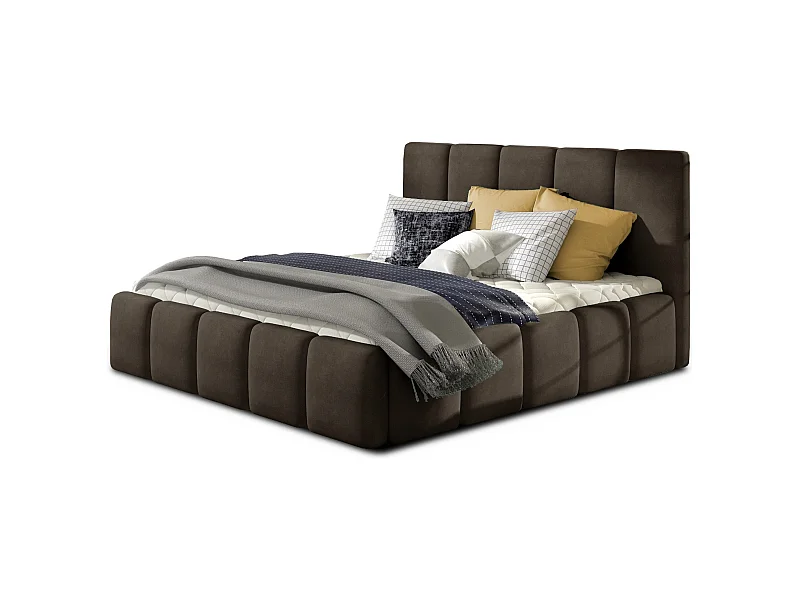 Lit adulte avec coffre de rangement Vika – Velours capitonné-Marron-140x200