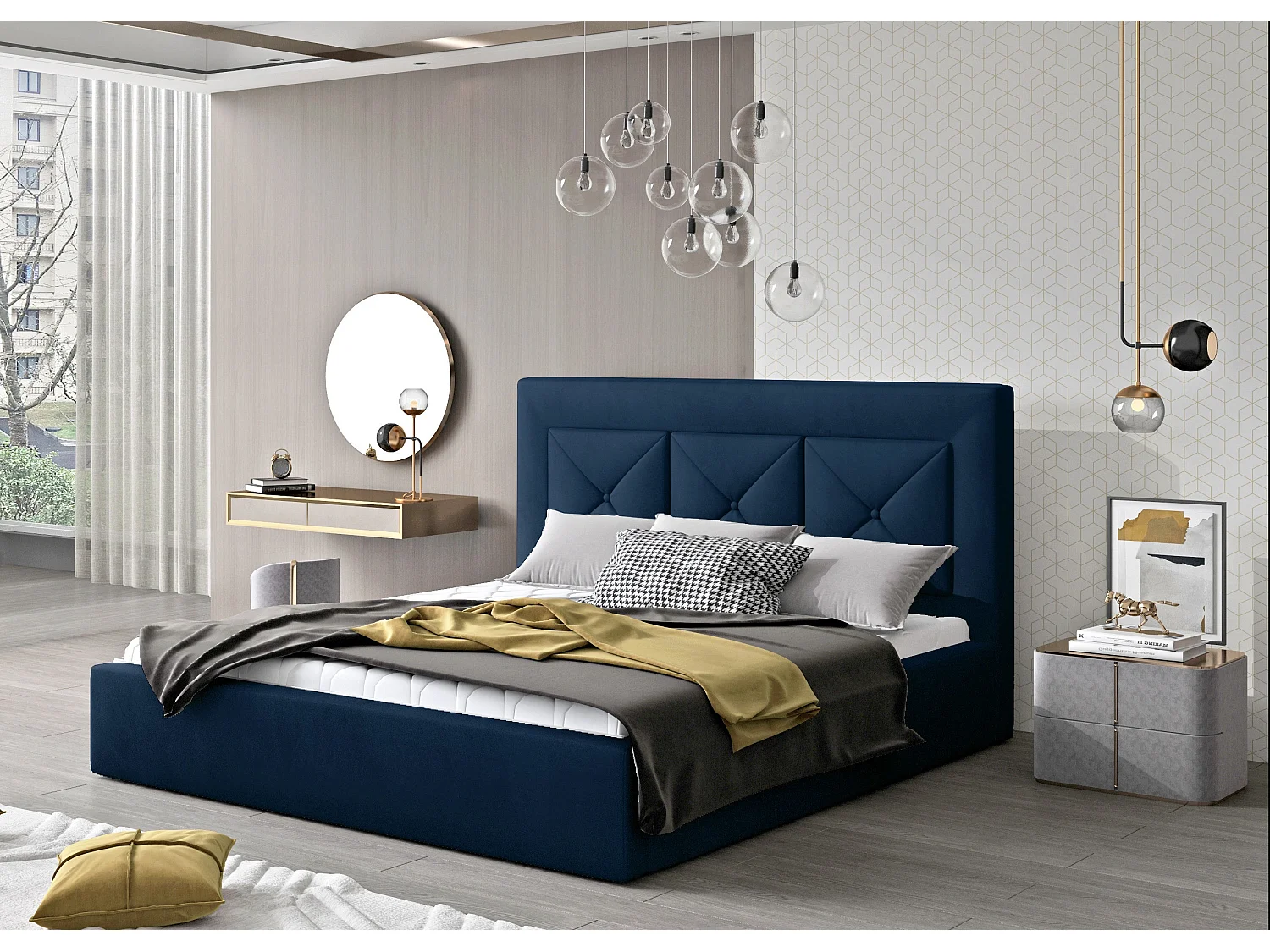 Lit double rembourré en velours Clarin-Couleur Bleu nuit-140x200-Version coffre de rangement