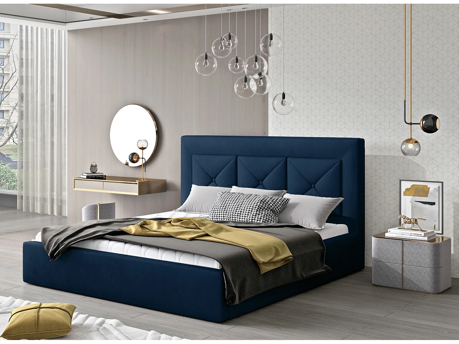 Tweepersoonsbed bekleed met Clarin-fluweel-Kleur Middernacht blauw-Slapen 200x200cm-Versie opslagruimte