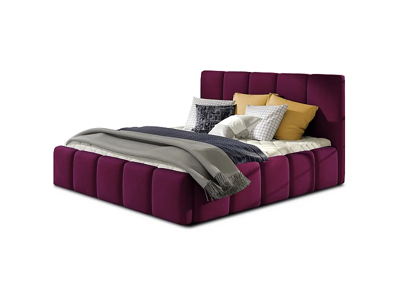 Lit adulte avec coffre de rangement Vika – Velours capitonné-Prune-140x200