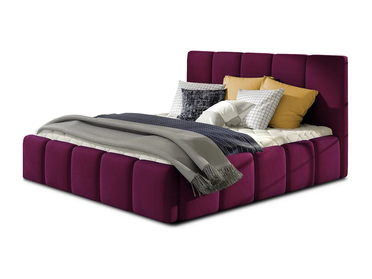 Vika volwassen bed met opbergdoos – Gewatteerd fluweel-Kleur Pruim-Slapen 140x200cm