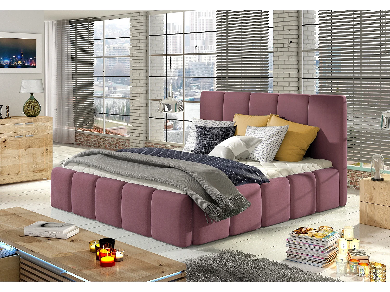 Lit adulte avec coffre de rangement Vika – Velours capitonné-Prune-140x200