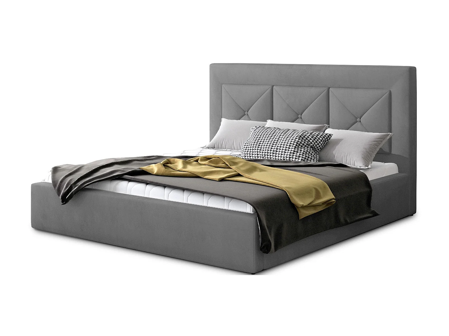 Lit double rembourré en velours Clarin-Couleur Gris-140x200-Version coffre de rangement